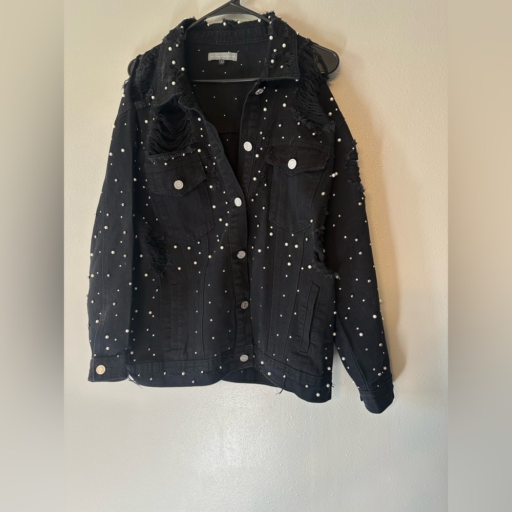 Missguided Carli Bybel Distressed Black Jean Jacket - Picture 3 of 15